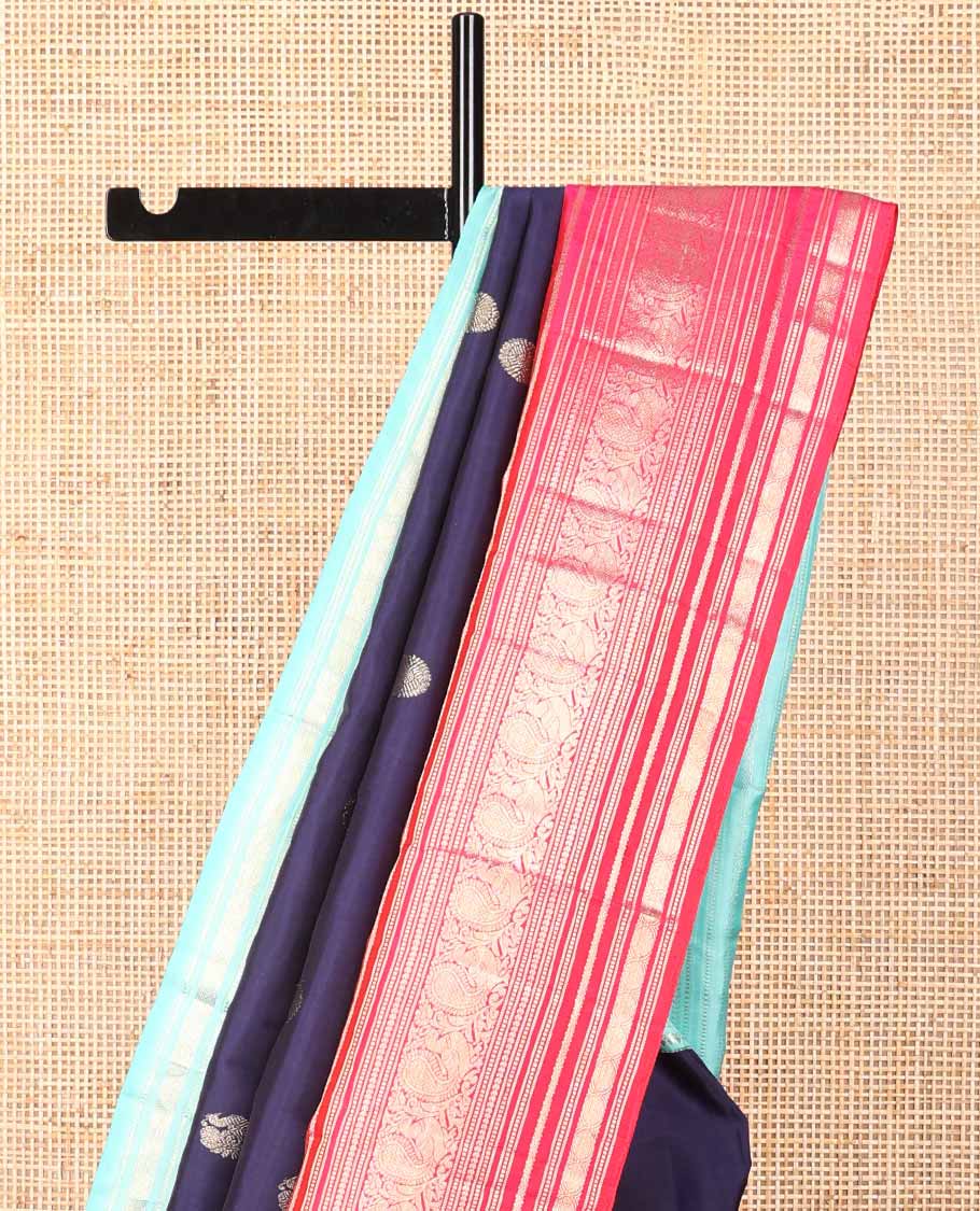 Dark blue buttas kancheepuram silk saree with contrast ganga jamuna, korvai border of thilakam mokku, muthu, banaras, mayil, manga design & zari design pallu