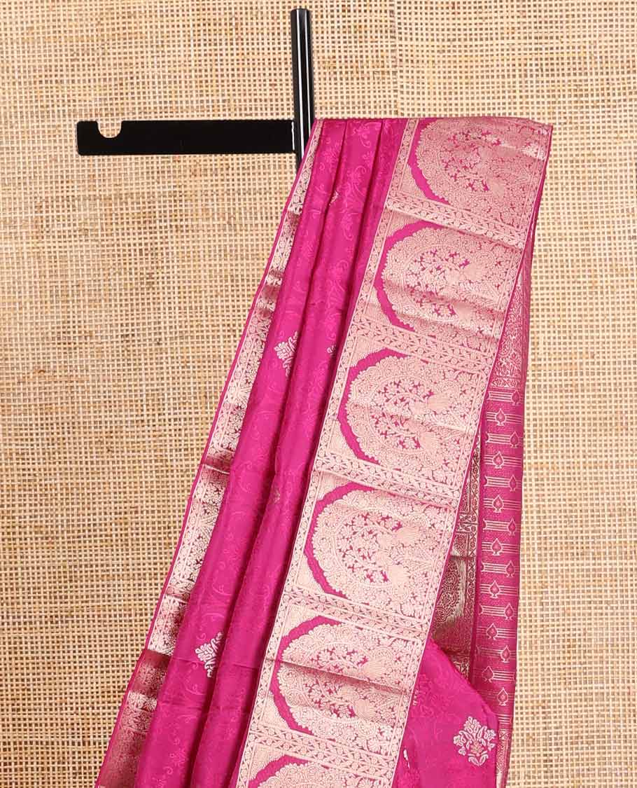 Magenta floral jacquard kancheepuram silk saree with self floral intricate border &striped, floral design pallu