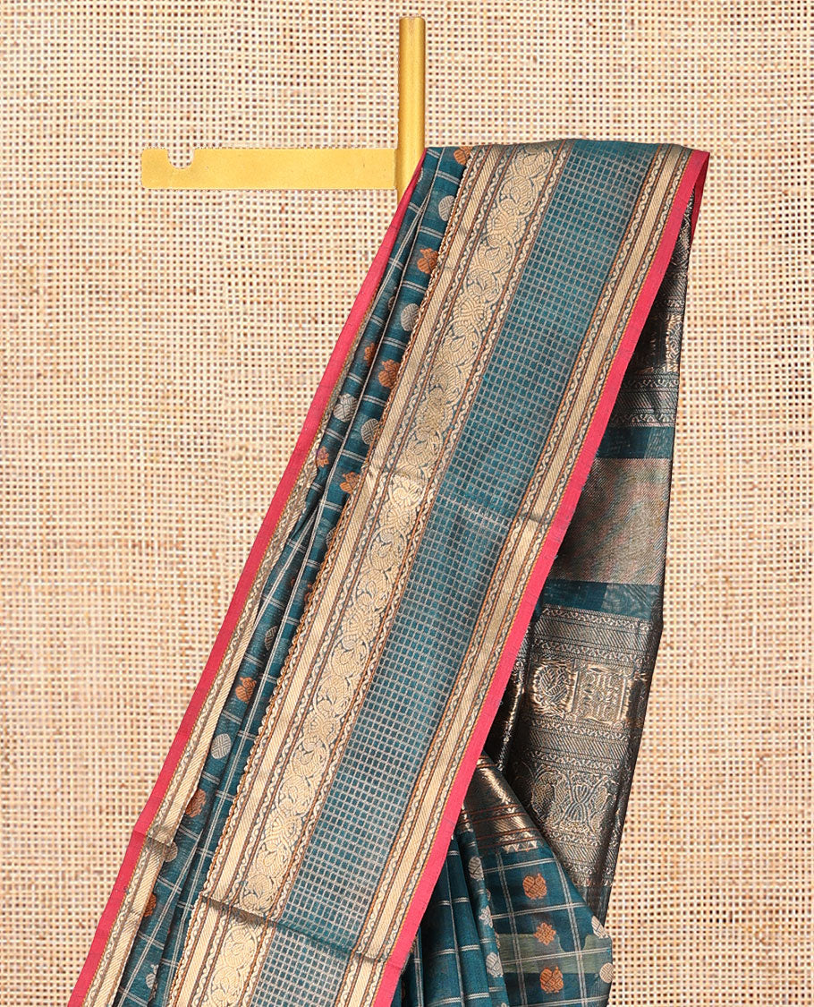 Blue Kuppadam Silk Saree, Finely Crafted with Butta Enclosed Checks, a Traditional Zari Border, Pallu of Temple Designs, and a Matching Blouse