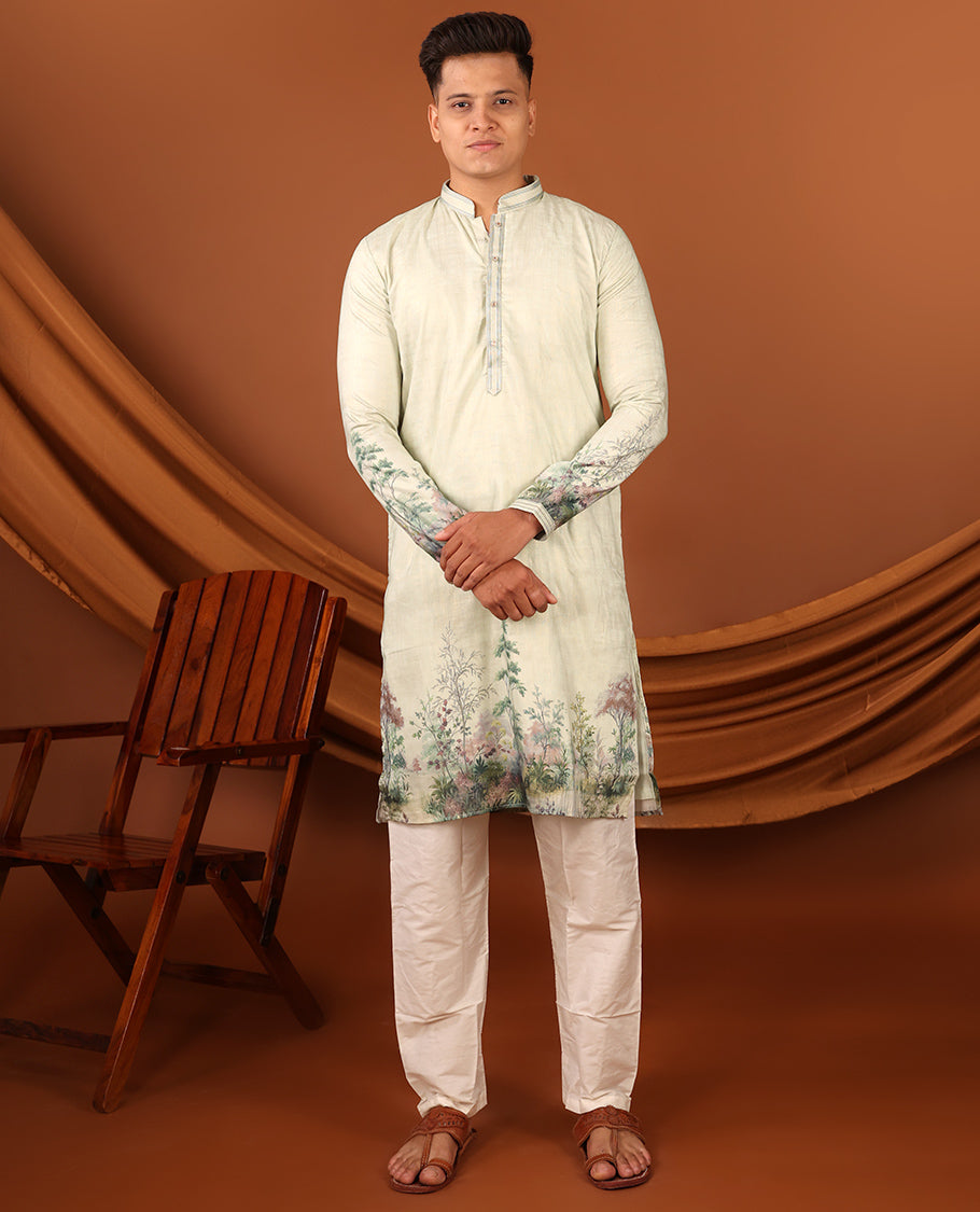 Pastal Green Tropical-Floral-Themed Digital Printed Full-Sleeved Men's Kurta, Comes with Pants