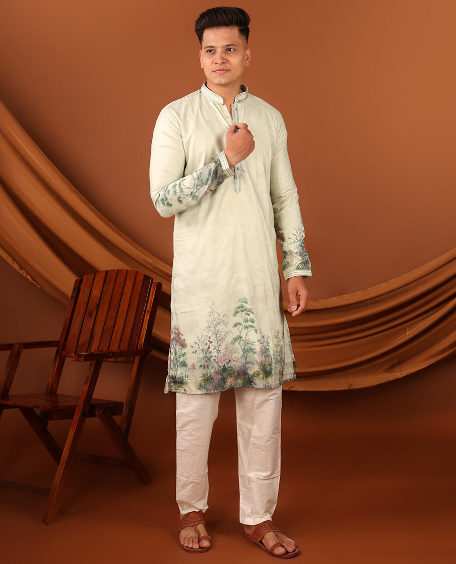 Pastal Green Tropical-Floral-Themed Digital Printed Full-Sleeved Men's Kurta, Comes with Pants