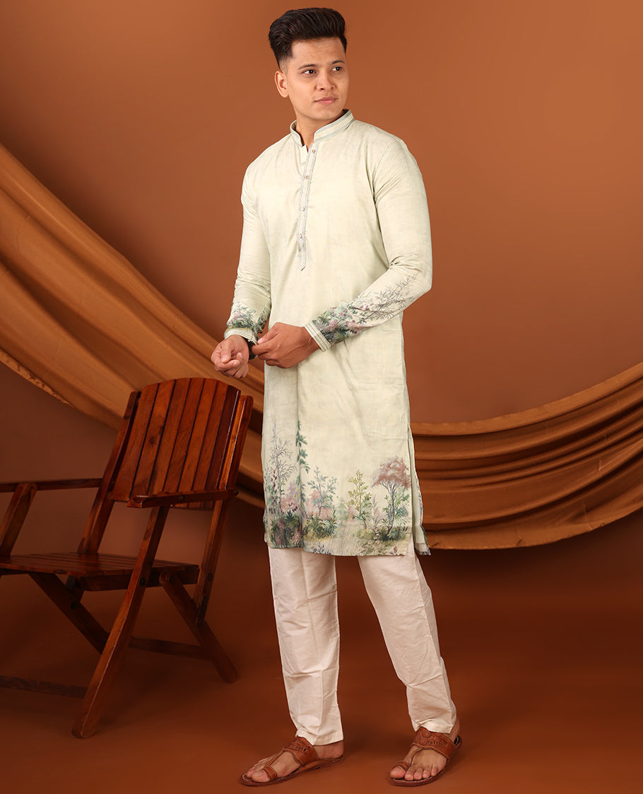 Pastal Green Tropical-Floral-Themed Digital Printed Full-Sleeved Men's Kurta, Comes with Pants