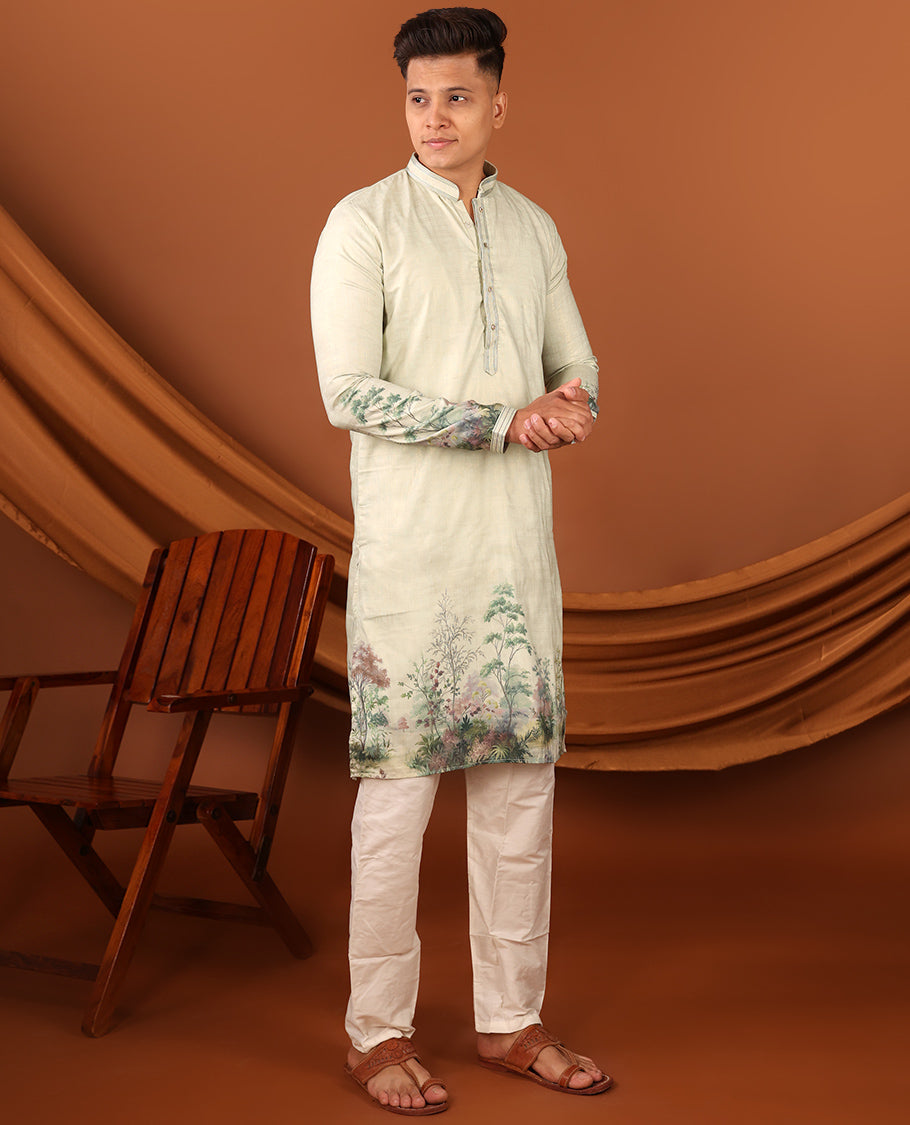 Pastal Green Tropical-Floral-Themed Digital Printed Full-Sleeved Men's Kurta, Comes with Pants