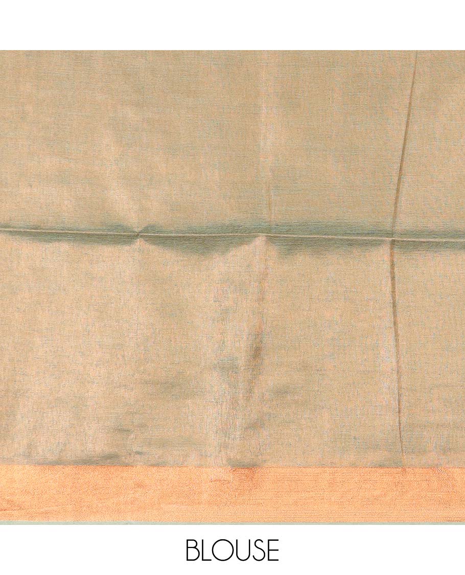 Green plain design linen cotton saree, bavanji zari border, and striped pallu