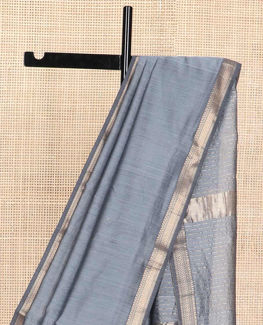 Grey maheshwari cotton saree with self floral zari design border & striped pallu