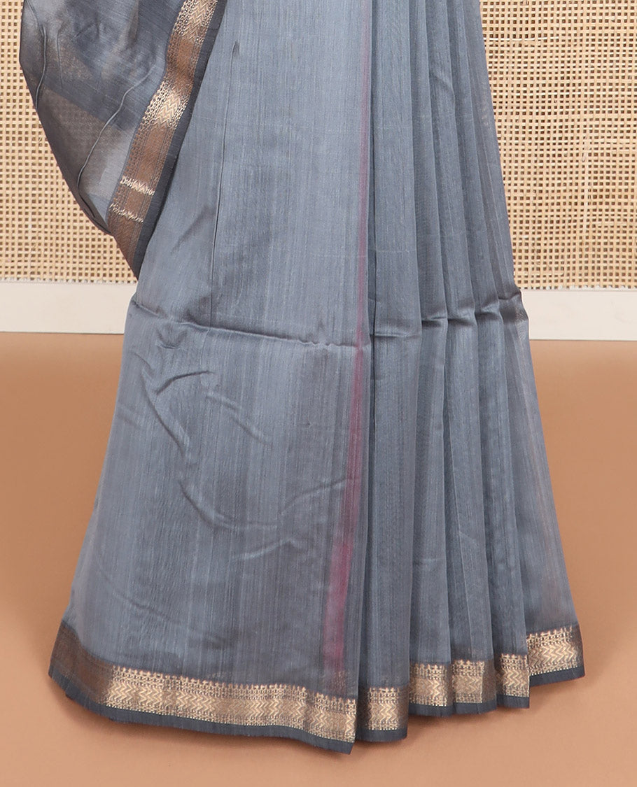 Grey maheshwari cotton saree with self floral zari design border & striped pallu