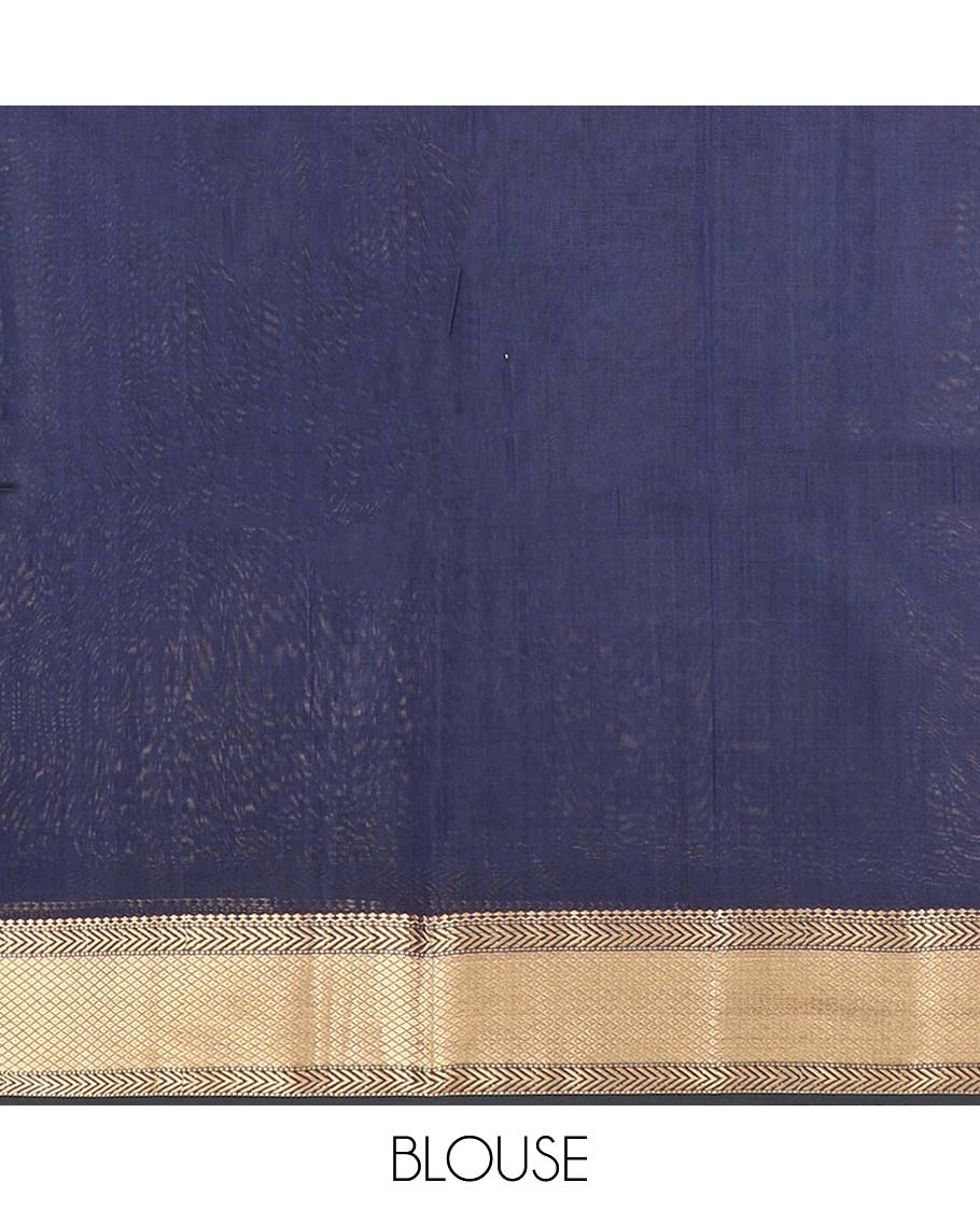 Navy Blue Maheshwari Cotton Saree Prettified with Floral Buttas, Highlighted with a Traditional Zari Design Border, Pallu Adorned with Zari Stripes and Floral Buttas, and Paired with a Matching Blouse