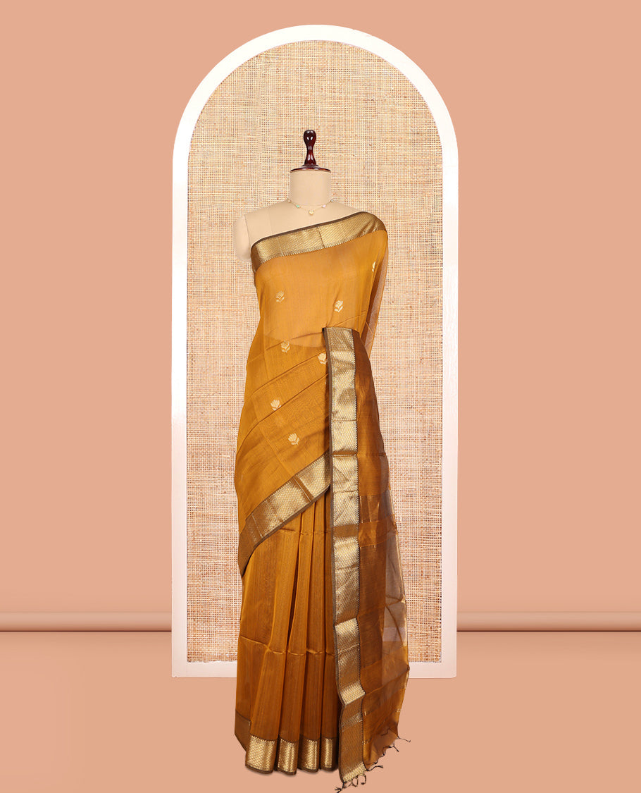 Mustard Maheshwari Cotton Saree, Ornamented with Zari Buttas, a Contrast Traditional Zari Border, Zari Buttas Woven Pallu, and a Matching Blouse