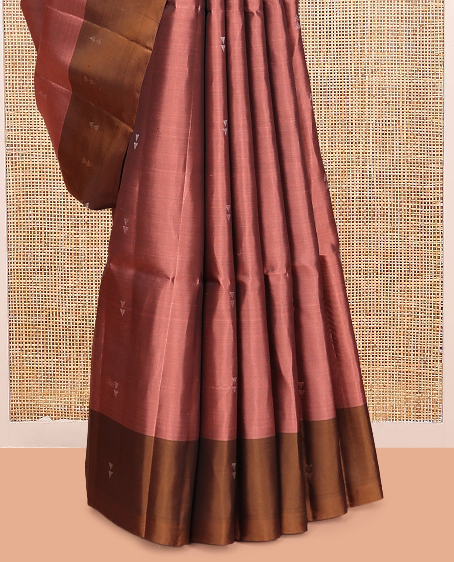 Peach Mayuri Lite Silk Mix Saree, Ornamented with Triangle Zari Buttas, Complemented By Contrast Border of Triangle Buttas, a Leaf Vine Pallu, and a Contrast Blouse