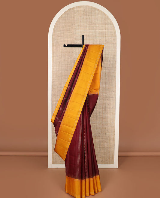 Maroon geometric patterned soft silk saree, contrast rettai pettu border & pallu of geometric designs