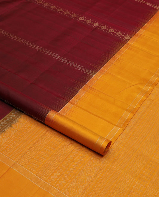 Maroon geometric patterned soft silk saree, contrast rettai pettu border & pallu of geometric designs