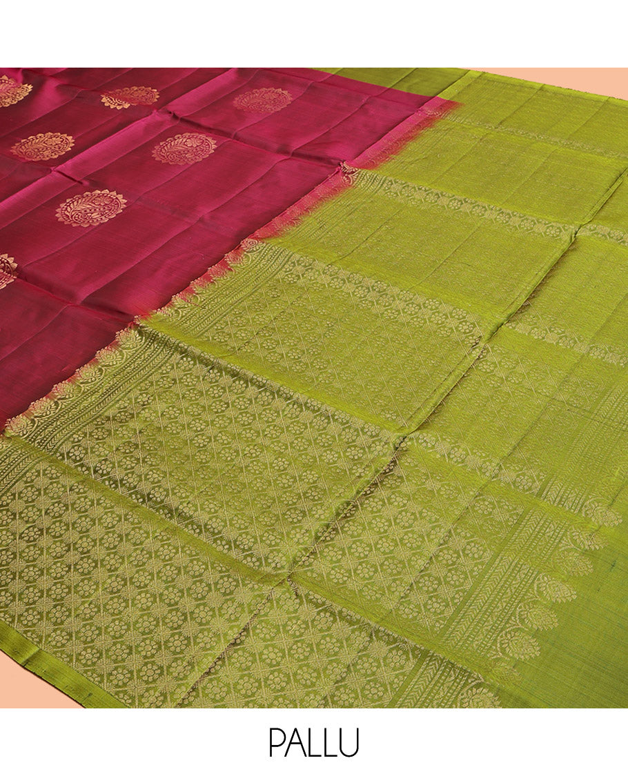 Red Mayuri Lite Silk Mix Saree, Elevated with Zari Buttas Complemented by Contrast Border, Grand Jaal Pallu and a Contrast Blouse