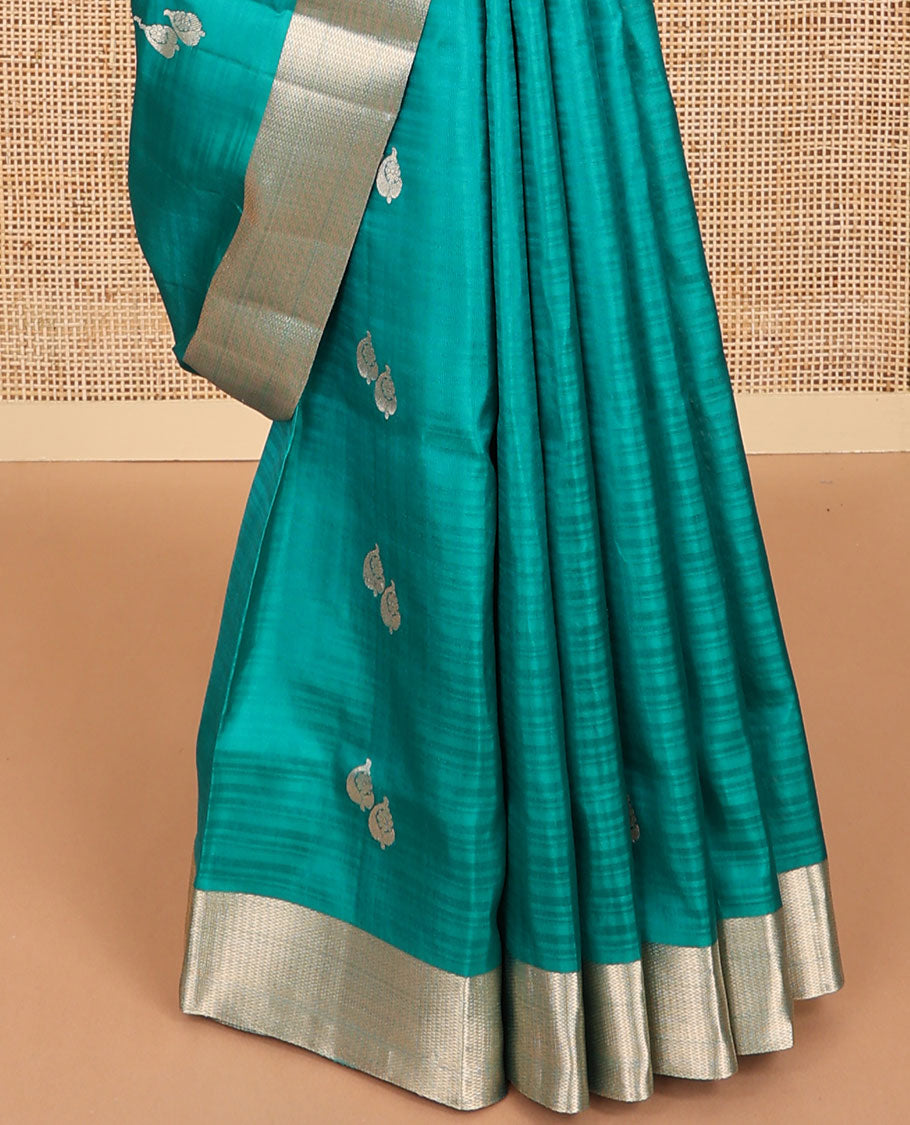Sea blue floral design mayuri soft silk saree with contrast border & floral zari design pallu