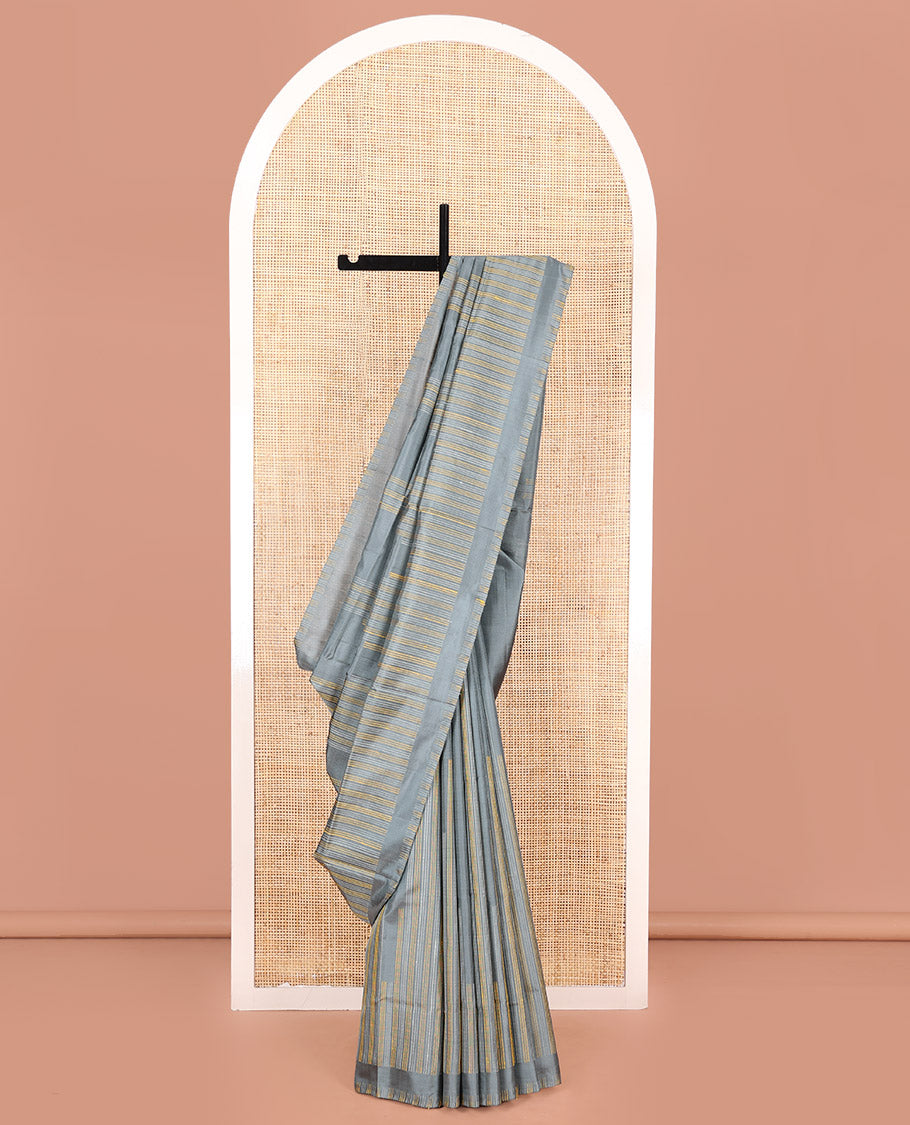 Borderless Grey Mayuri Soft Silk Saree, Subtly Woven with Muthu Stripes on Its Body, a Subtly Self-Pallu, and Paired with a Matching Blouse