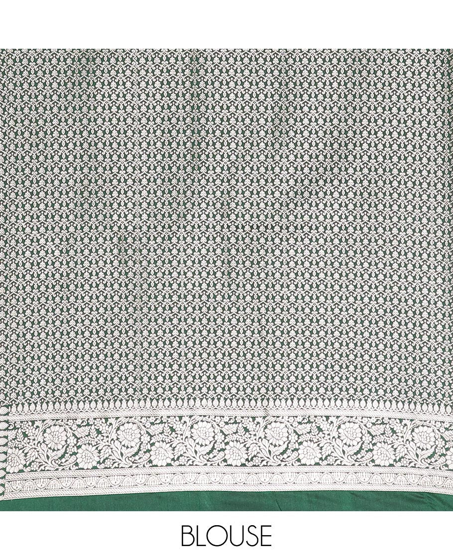 Green zari buttas mushru silk saree, floral creeper design border, and intricately designed pallu