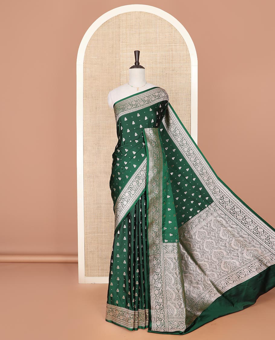 Green zari buttas mushru silk saree, floral creeper design border, and intricately designed pallu