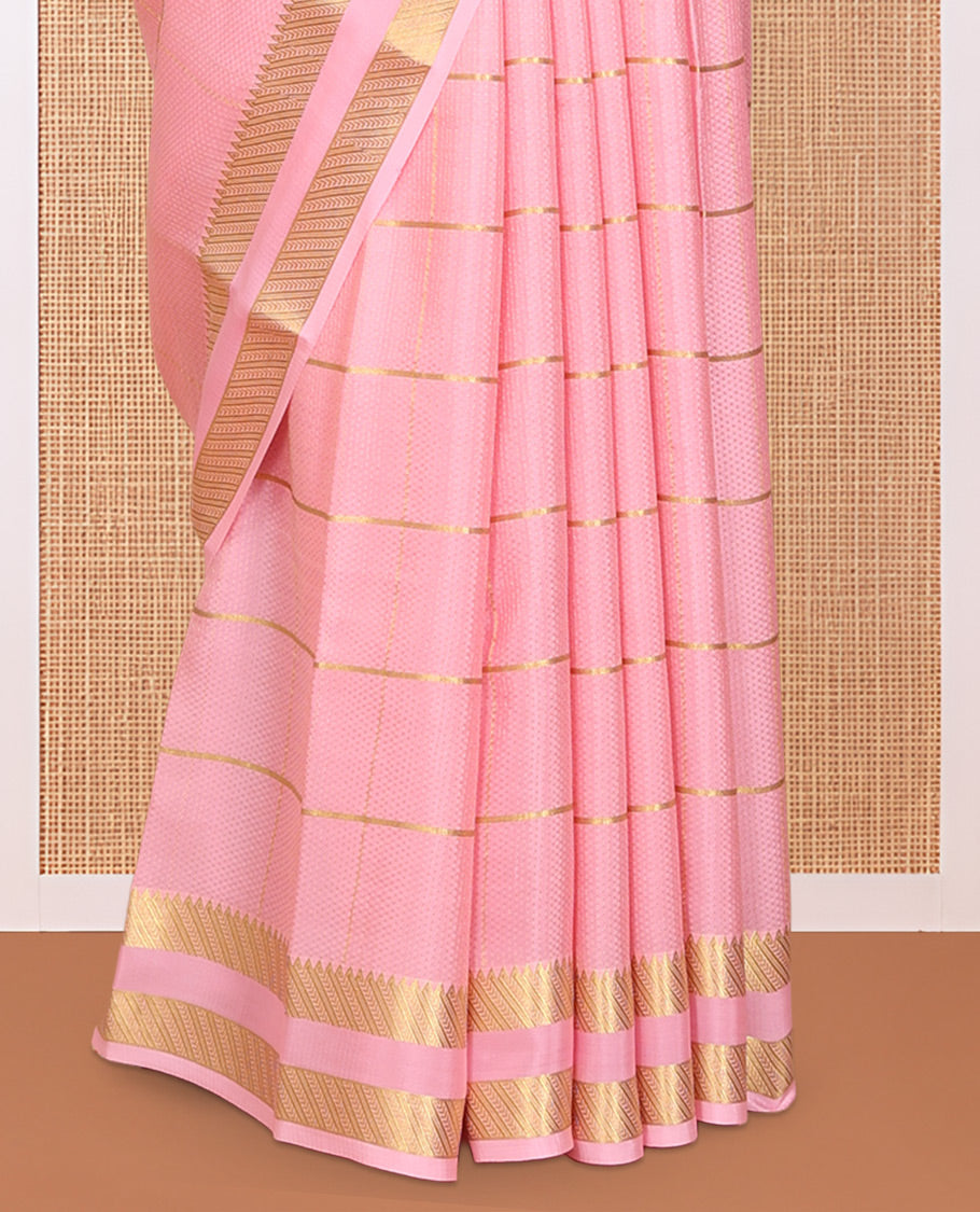 Pink Mysore Silk Saree, Highlighted with Zari Stripes, Complemented by a Traditional Zari Woven Border, a Self-Pallu, and a Matching Blouse