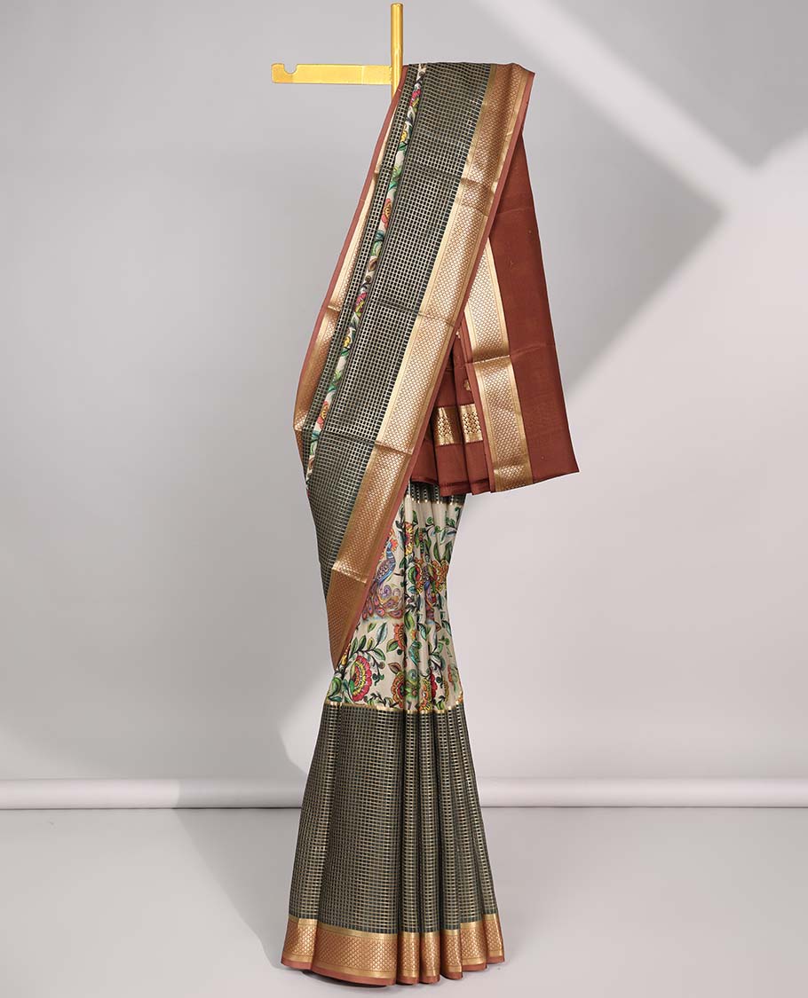 Multi color floral vine , checked mysore silk saree with contras checked border & floral motifs pallu