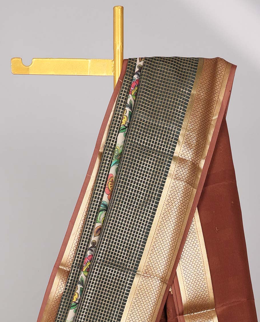Multi color floral vine , checked mysore silk saree with contras checked border & floral motifs pallu