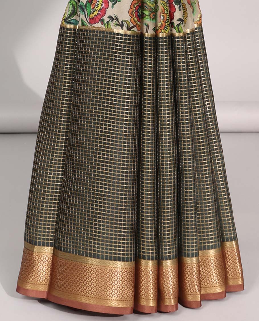 Multi color floral vine , checked mysore silk saree with contras checked border & floral motifs pallu