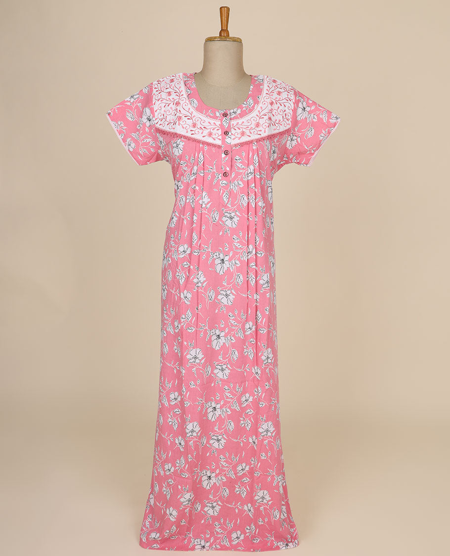 Light pink floral printed and floral thread embroidery round neck cotton half-sleeve nighty