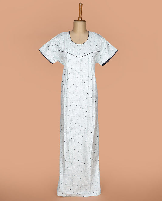 Cream geometric printed round neck half-sleeve cotton nighty