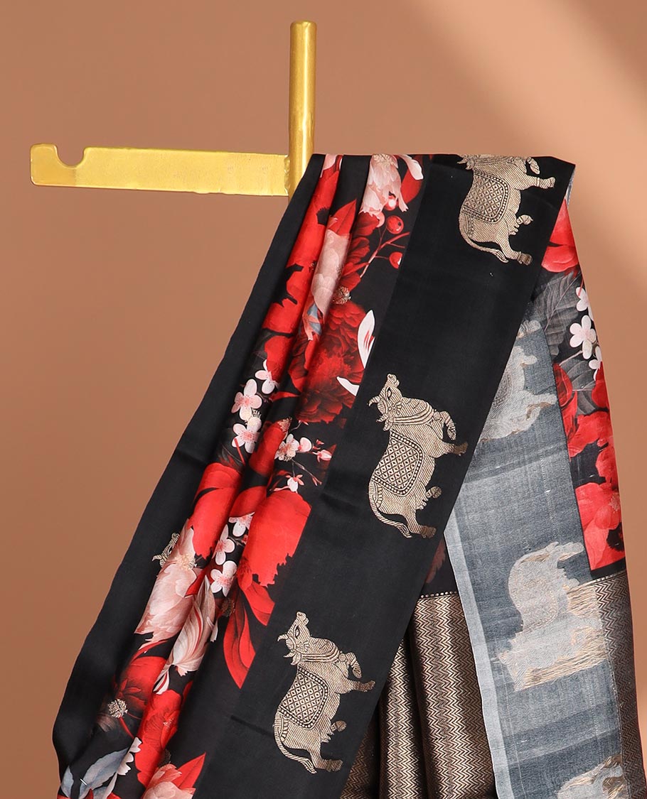 Black floral printed oraganza saree with self animal design border & intricate zari design pallu
