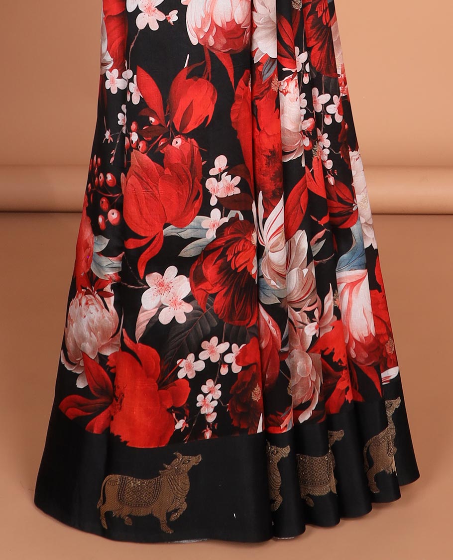 Black floral printed oraganza saree with self animal design border & intricate zari design pallu