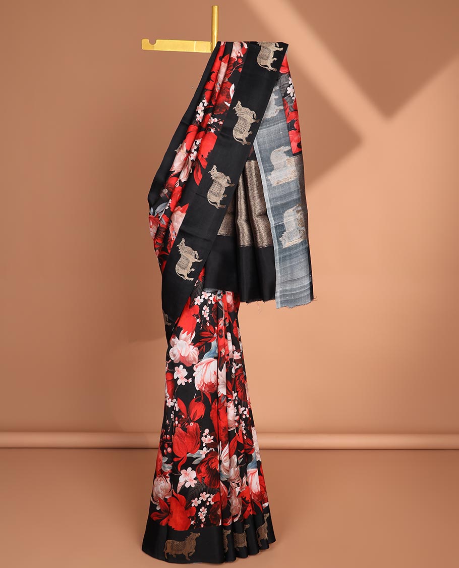 Black floral printed oraganza saree with self animal design border & intricate zari design pallu