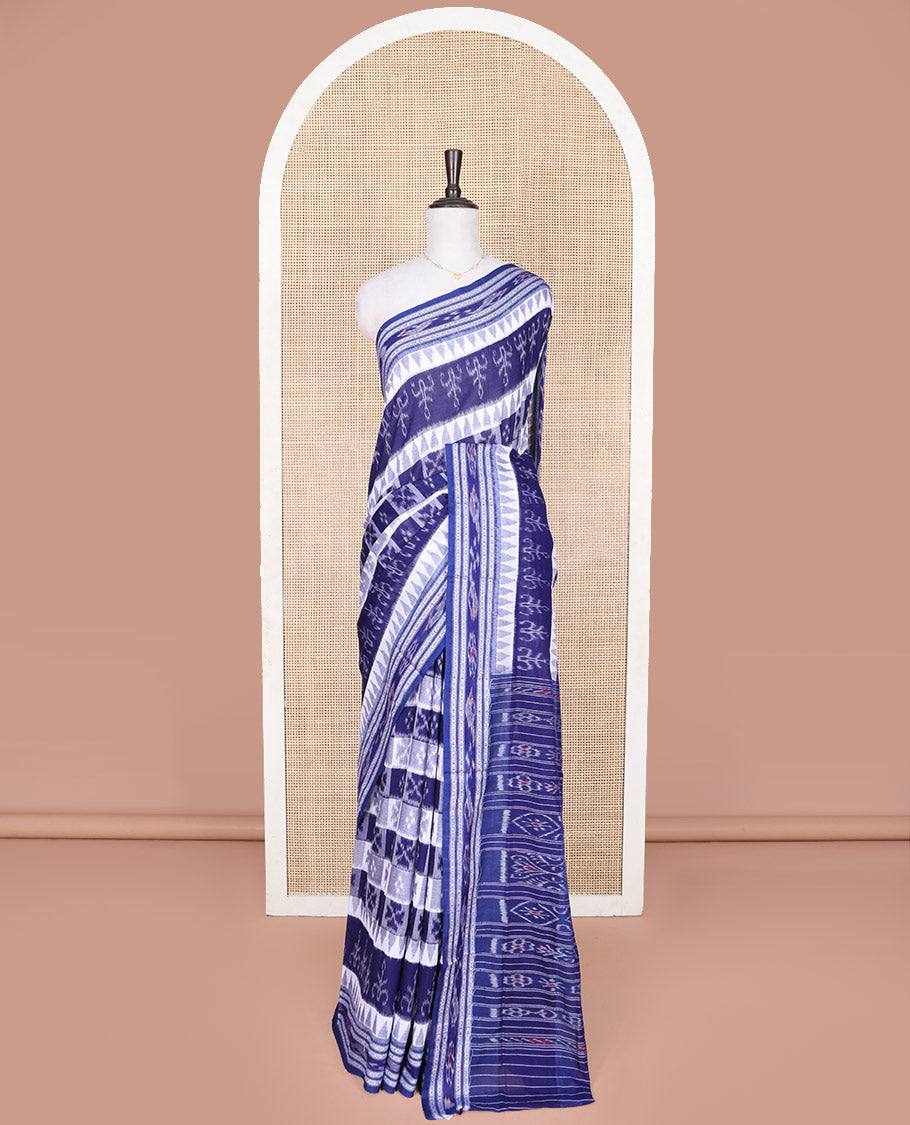 Blue Odisha Cotton Saree, Embellished with Butta Enclosed Checks and Temple Designs All Over the Body, Subtly Woven Border, Pallu Depicts Geometric Patterns, and Paired with a Matching Blouse