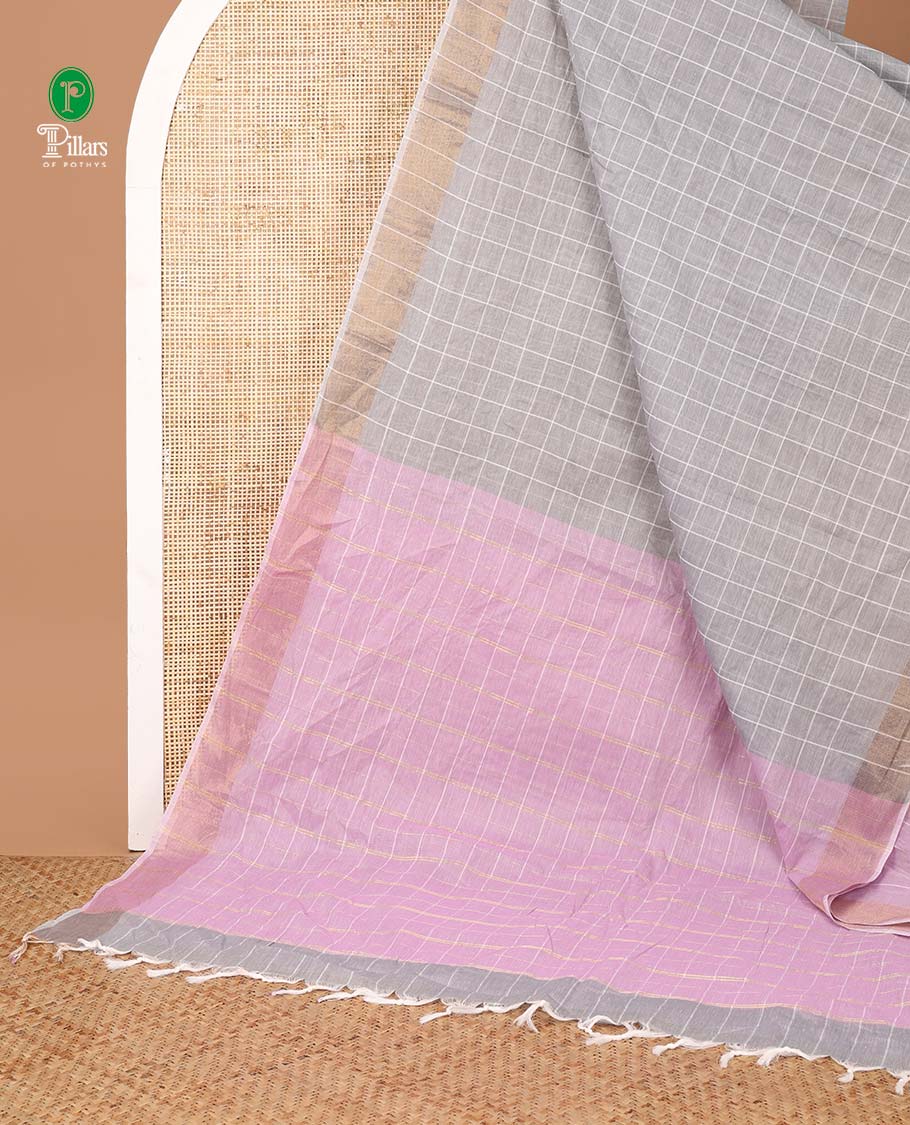 Grey checks jute cotton saree with zari border & zari checks pallu along with checks blouse