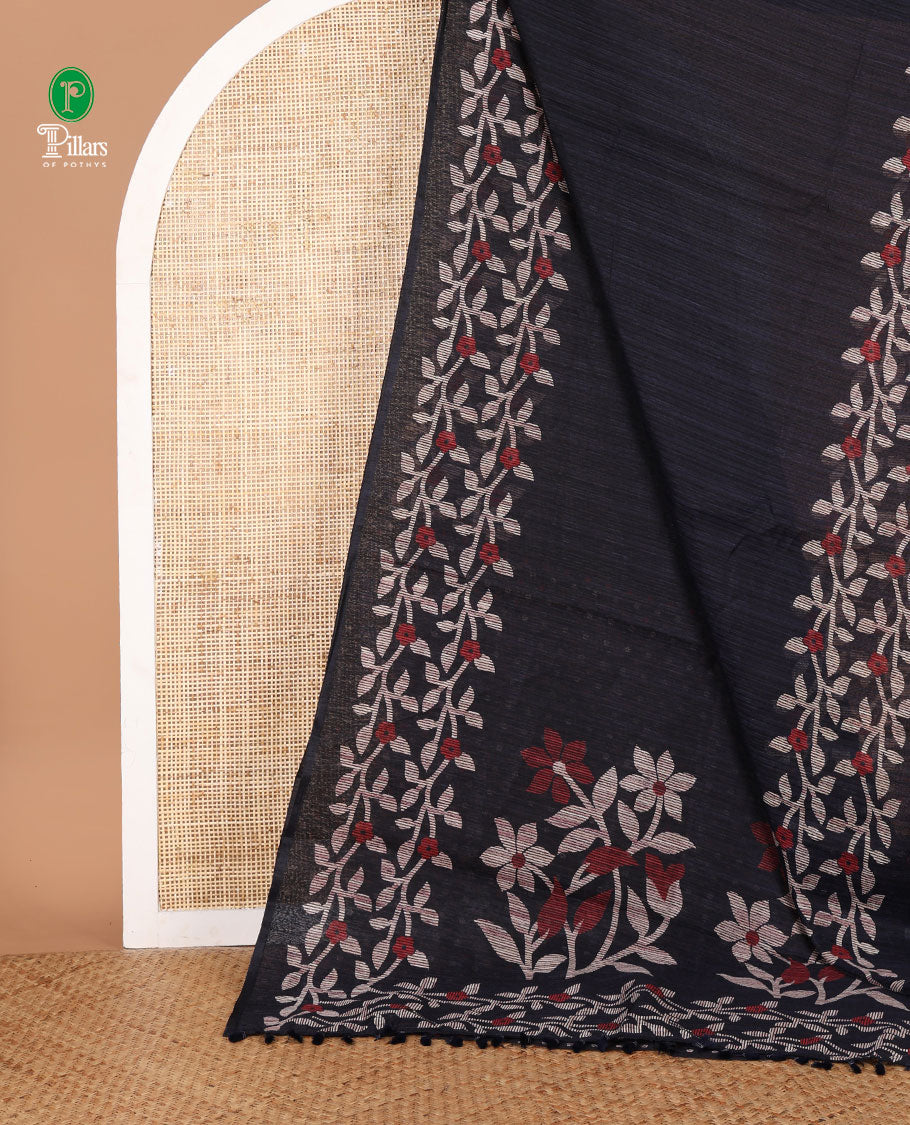 Navy blue jute saree with jamdhani style printed border & printed pallu along with butta design blouse