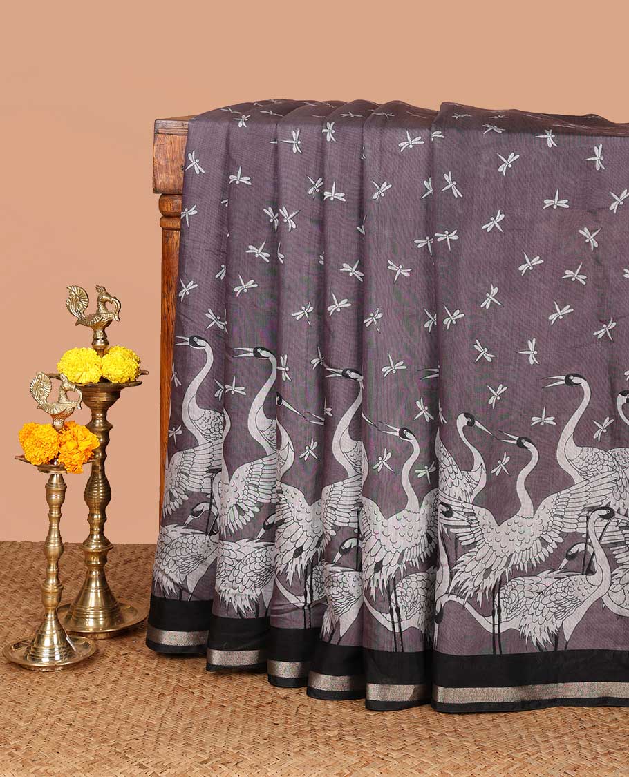 Grey drangon fly, creane digital print muslin cotton saree with zari border & printed pallu along with dragon fly printed blouse