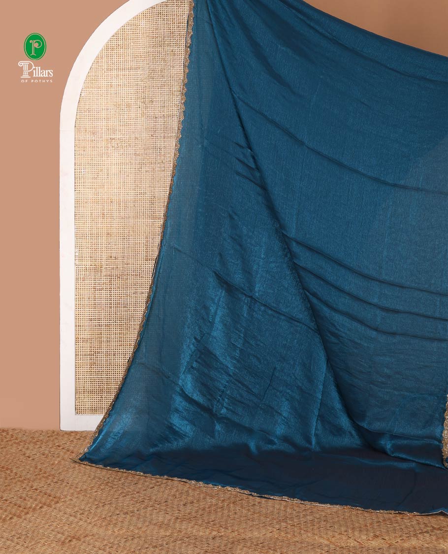 Blue fendy chiffon saree with hand work border & self pallu along with hand work blouse