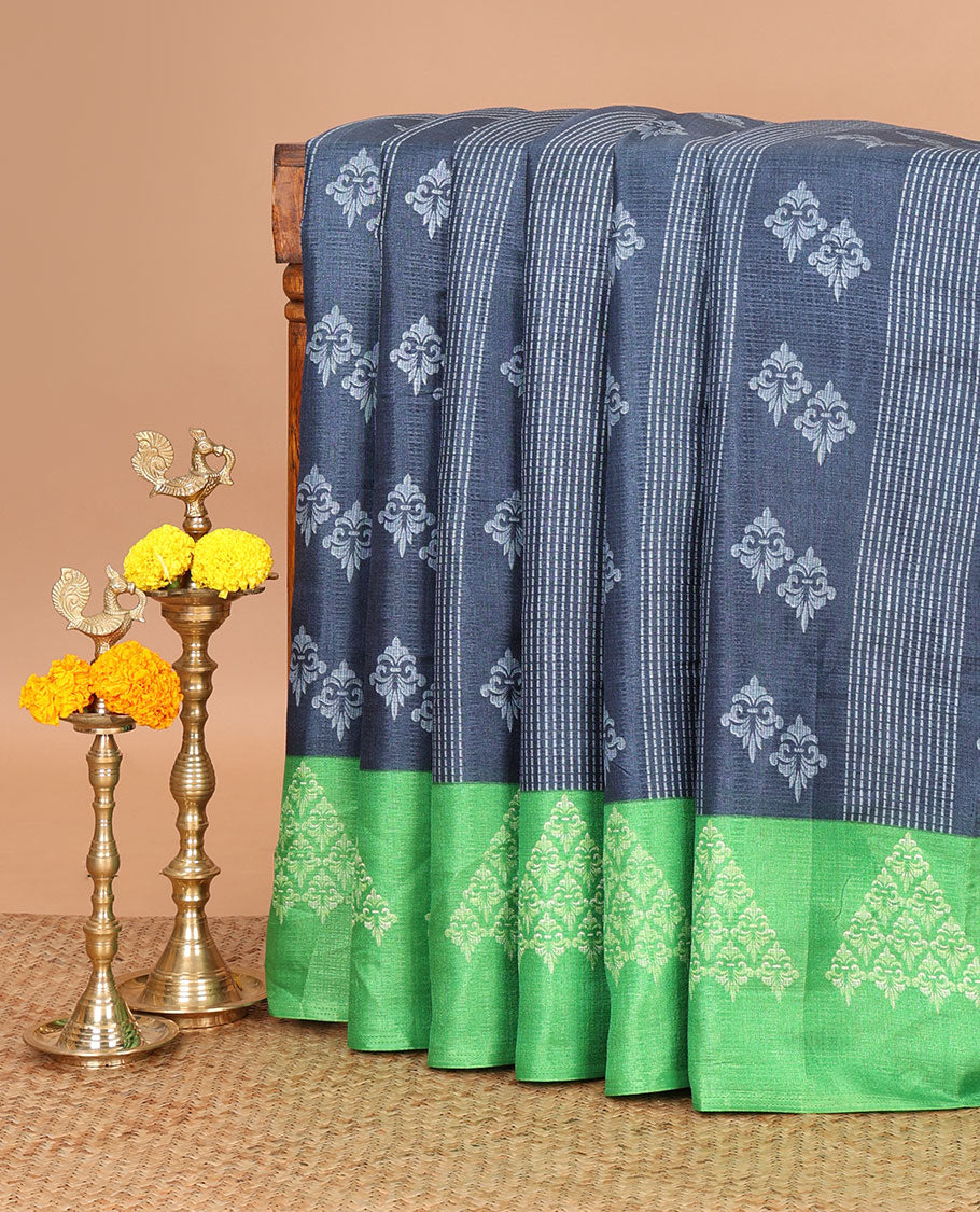 Blue stripes and unique motifs printed khadhi silk saree, contrast border and pallu features intricately printed triangle motifs
