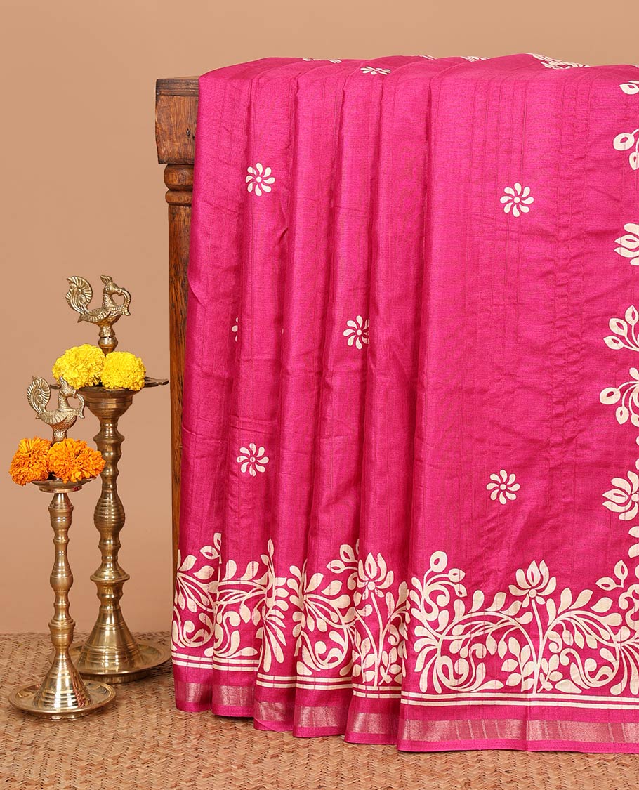 Magenta batik-style floral butta printed Malgudi silk saree, batik floral design printed piping zari border & floral printed pallu