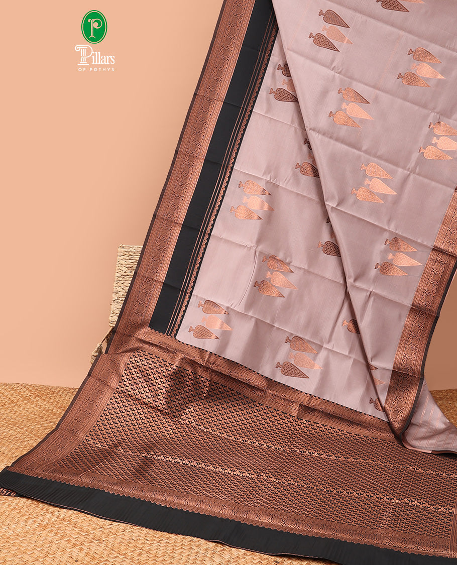 Pastel brown copper zari butta litchi soft silk saree with contrast double pad border & zari butta blouse