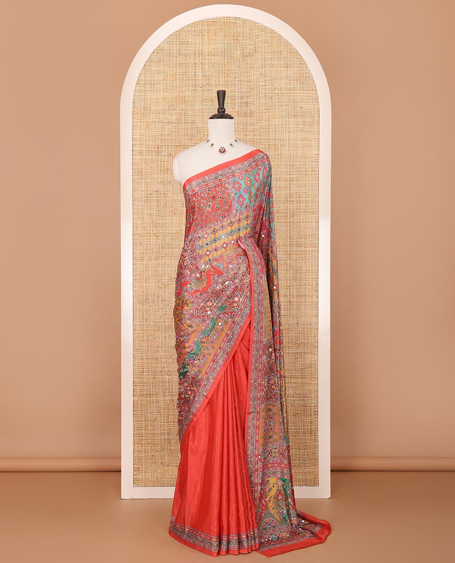 Fanta orange half-&-half colorful geometric printed & mirror embroidered masakali saree, printed border & pallu, plain blouse