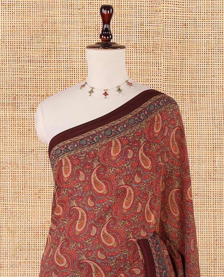 Maroon paisley design mill printed kimaya saree, plain border & paisley printed pallu