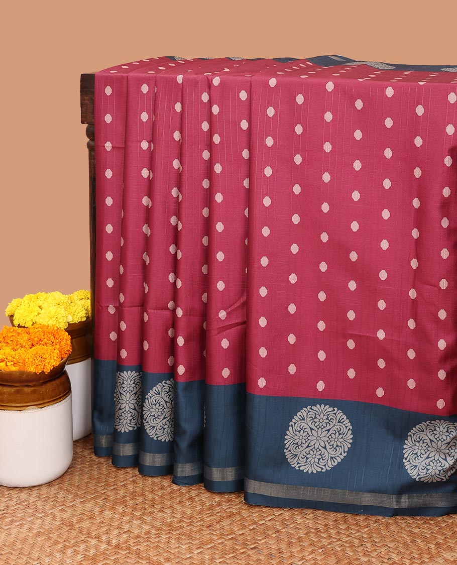 Magenta all-over small buttas katan silk saree with contrast double side bentex border & weaving heavy rich pallu along with contrast printed blouse