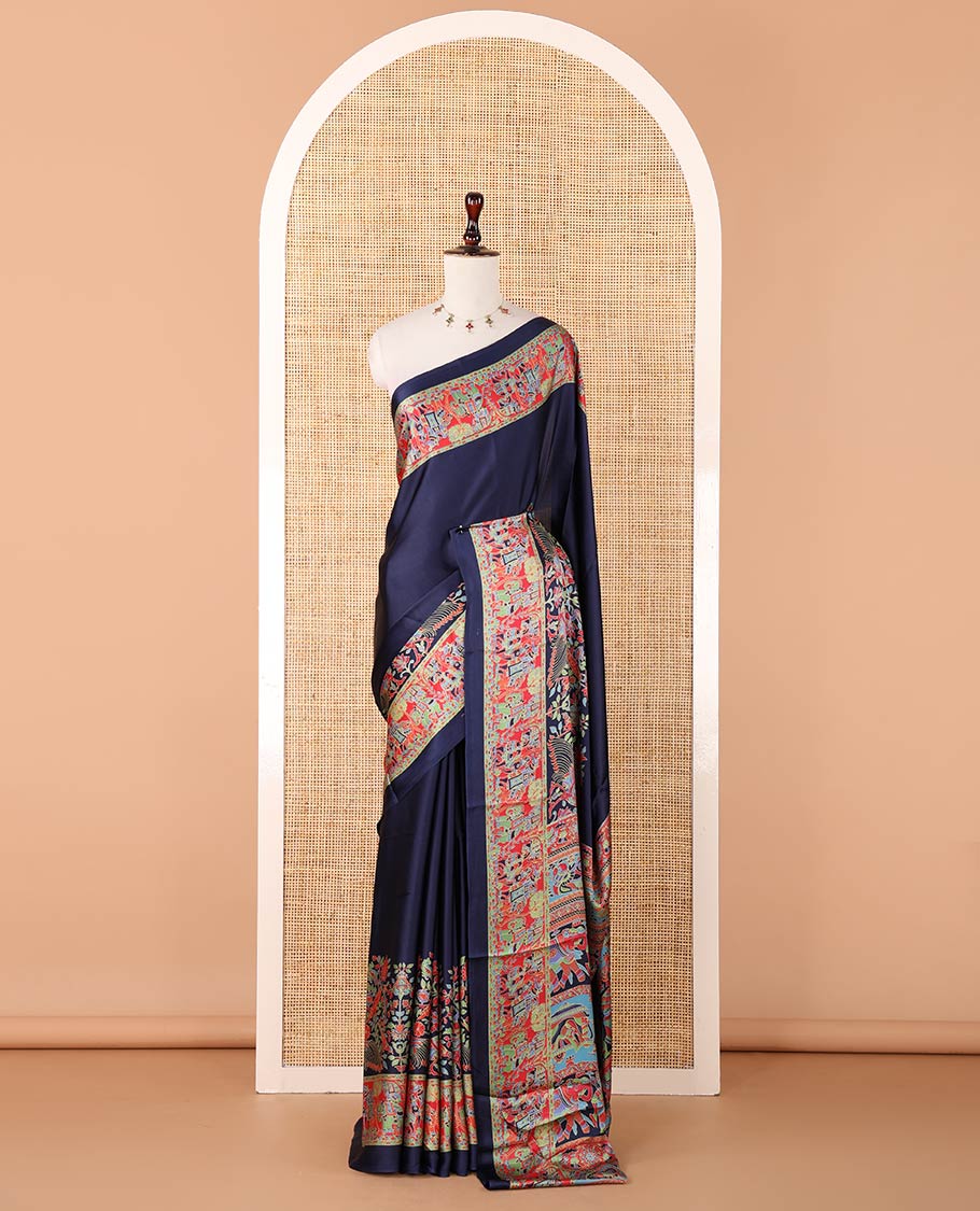 Navy blue plain gajji silk saree, double-sided position printed border & pallu of animal & human motifs, with floral printed blouse