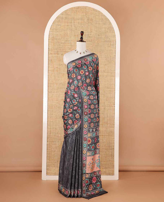 Black floral & star print & mirror work masakali saree, self-border & pallu of print & mirror work, printed blouse