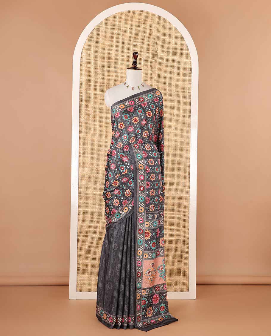 Black floral & star print & mirror embroidery masakali saree,self-border & pallu of print & mirrorwork, printed blouse