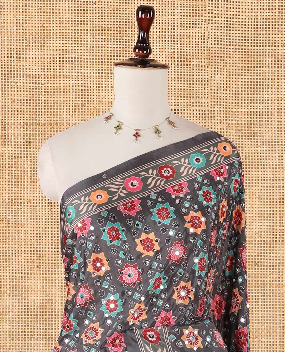 Black floral & star print & mirror embroidery masakali saree,self-border & pallu of print & mirrorwork, printed blouse
