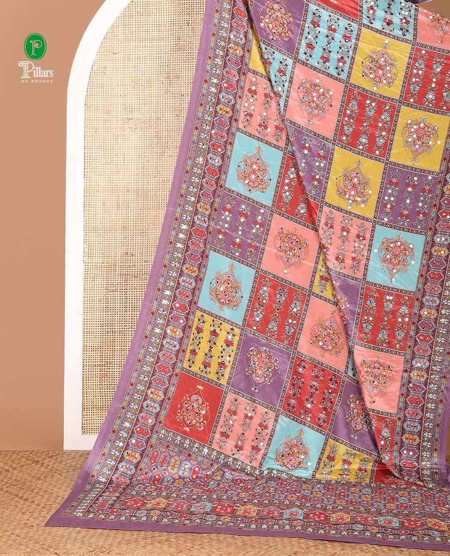 Lavender half-&-half style geometric print & mirror embroidery masakali saree,self-border & pallu of print & mirror work,plain blouse