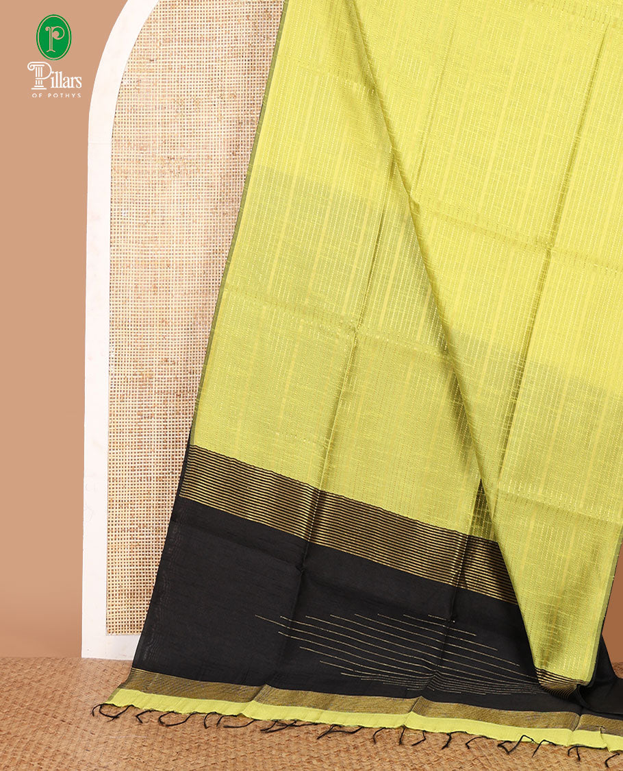 Borderless liril green horizontal zari striped semi-raw silk saree, striped pallu & contrast plain blouse