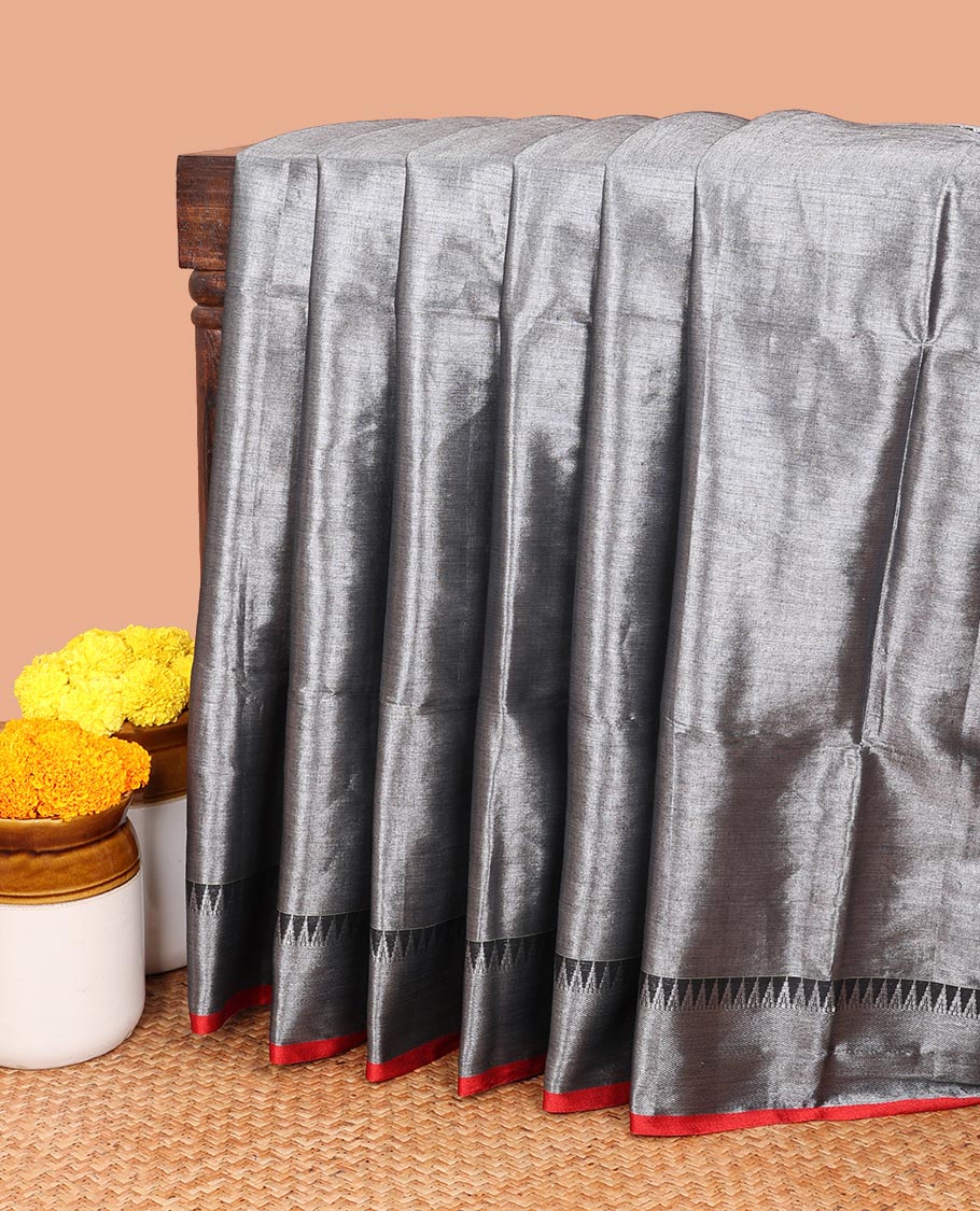 Silver grey plain tissue copper saree with contrast double side temple border & all over pallu , tussels & running blouse