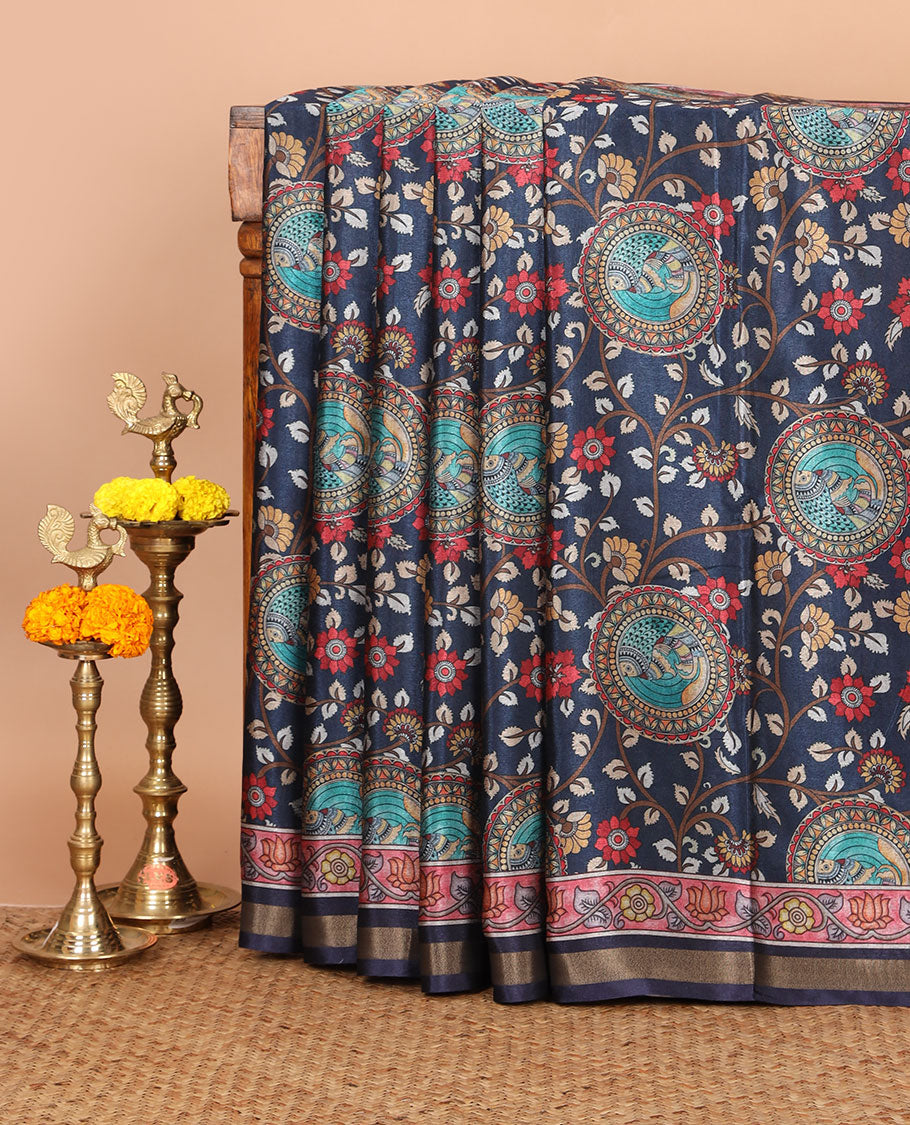 Navy blue kalamkari flora-fauna printed kadhi linen saree,contrast zari piping & floral print border,kalamkari peacock pallu & printed blouse