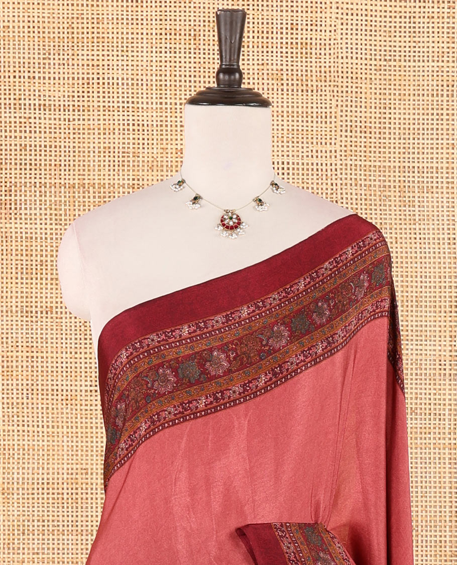 Onion pink negative-style sparsely printed crepe silk saree, contrast printed border, printed pallu & printed blouse