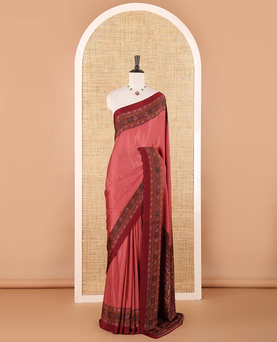Onion pink negative-style sparsely printed crepe silk saree, contrast printed border, printed pallu & printed blouse
